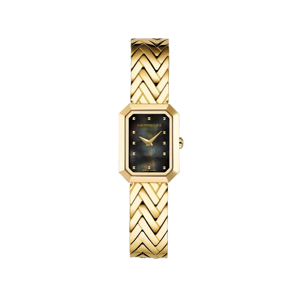 Montre femme octôgone PVD OR JAUNE & NACRE NOIRE HERBELIN