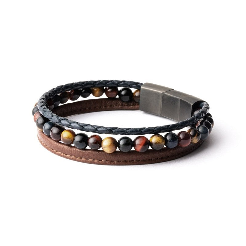 Bracelet triple avec pierre Oeil de Tigre de 6 mm et cuir Nappa GEMINI