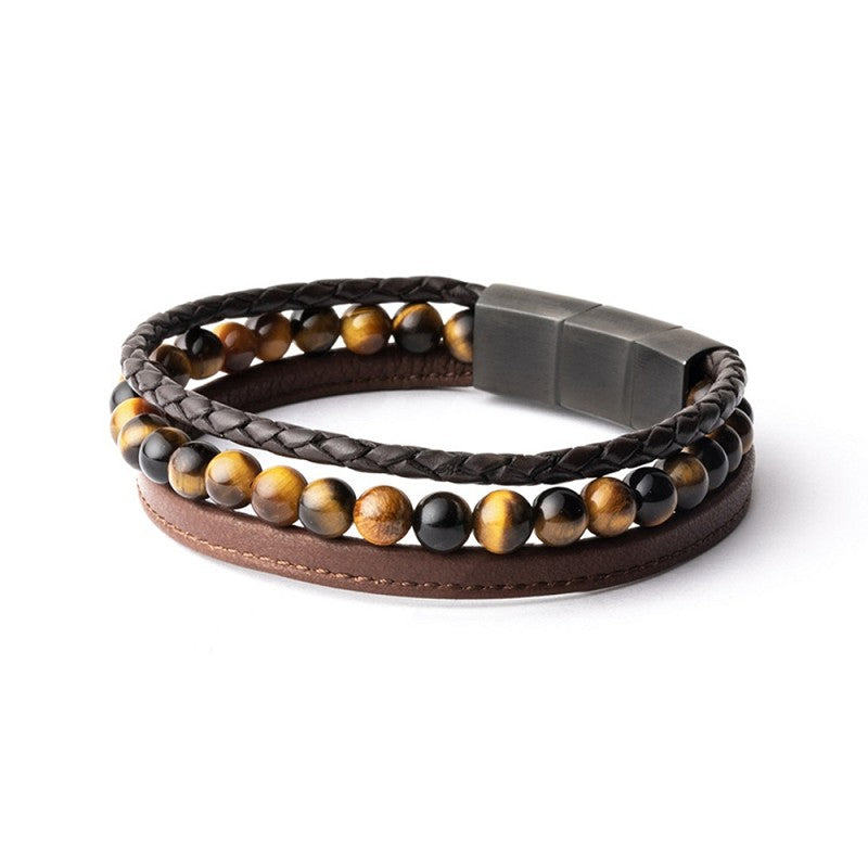 Bracelet triple avec pierre Oeil de Tigre de 6 mm et cuir Nappa GEMINI