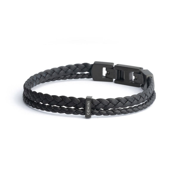 Bracelet double en cuir nappa italien noir avec finition noire GEMINI