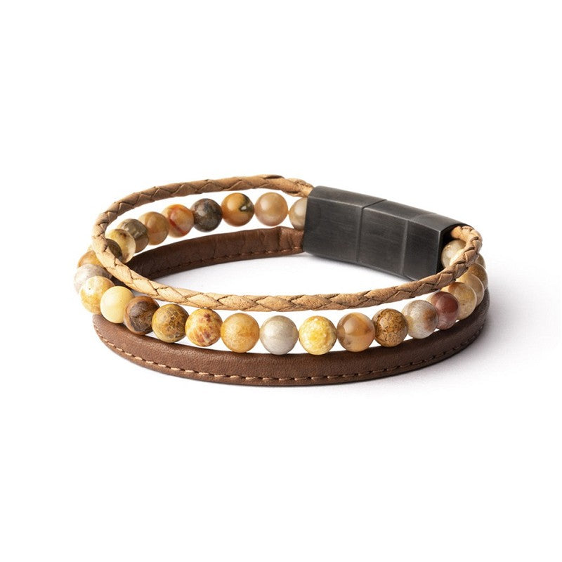 Bracelet triple avec pierre Jaspe 6 mm et cuir Nappa GEMINI