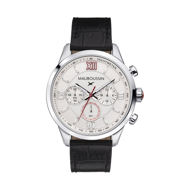 Montre UN HOMME UNE VIE Cadran blanc, bracelet cuir MAUBOUSSIN