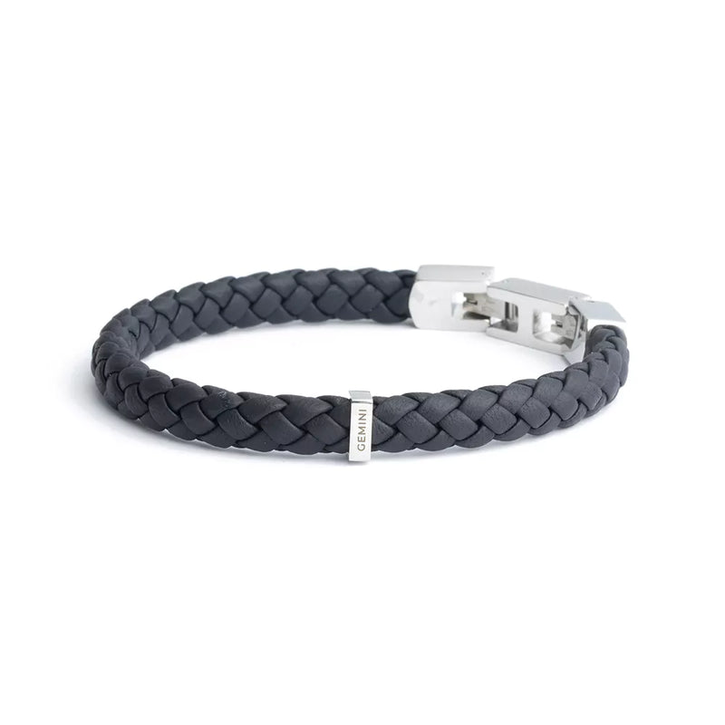 Bracelet simple en cuir nappa italien bleu avec finition argentée Gemini