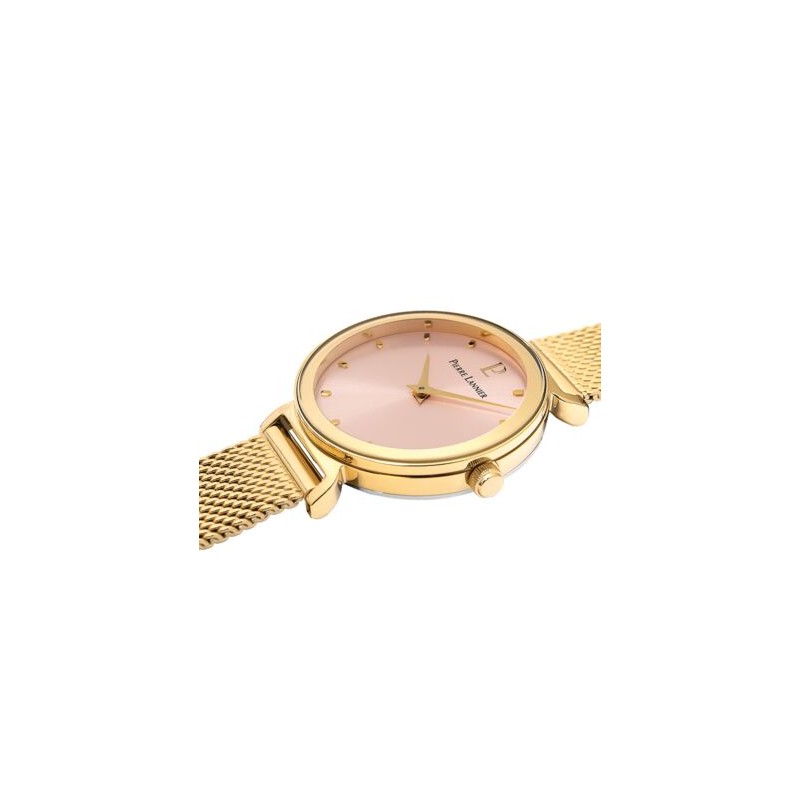 Montre Femme LIGNE PURE Cadran Rose Bracelet Acier milanais Doré Pierre Lannier