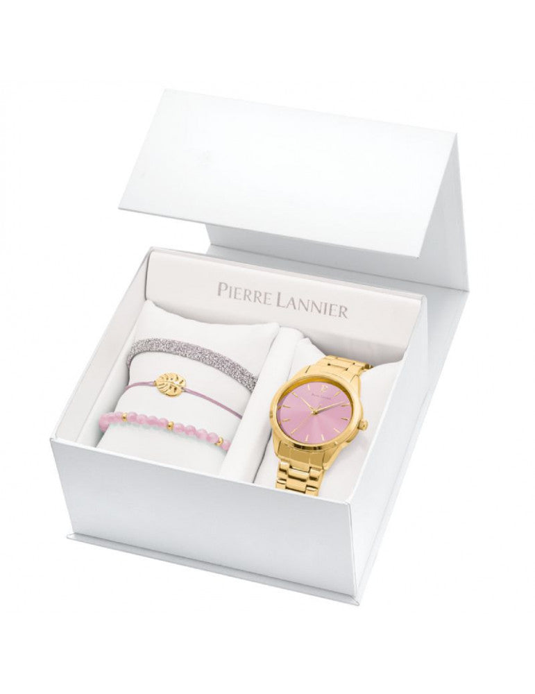 Coffret Femme ROXANE Cadran Rose Bracelet Acier Doré Pierre Lannier