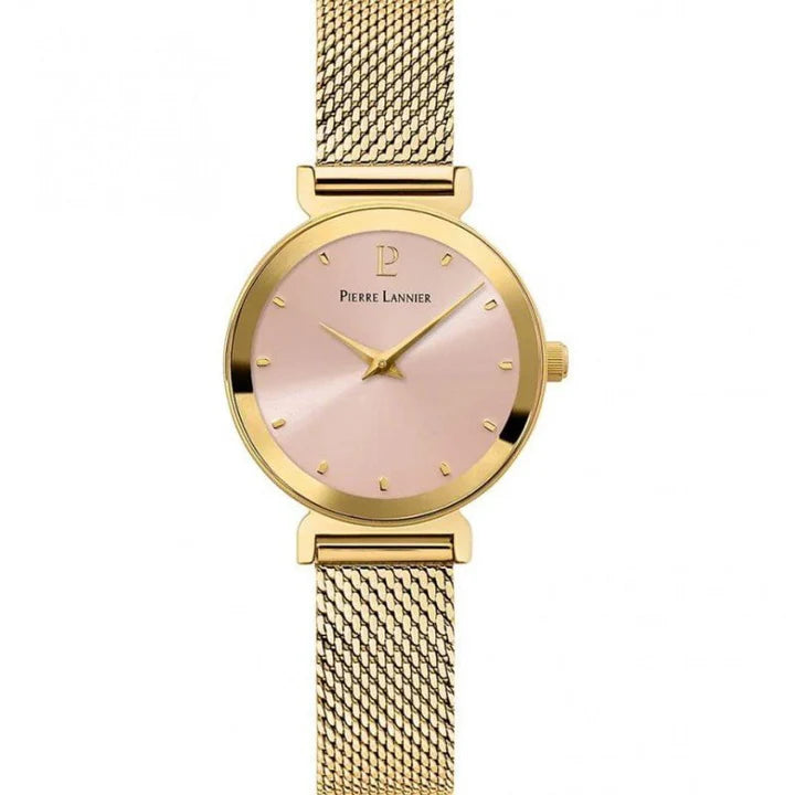 Montre Femme LIGNE PURE Cadran Rose Bracelet Acier milanais Doré Pierre Lannier