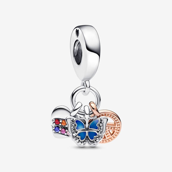 Charm Pendant Triple Cœur Arc-En-Ciel, Papillon & Paix Bicolore PANDORA