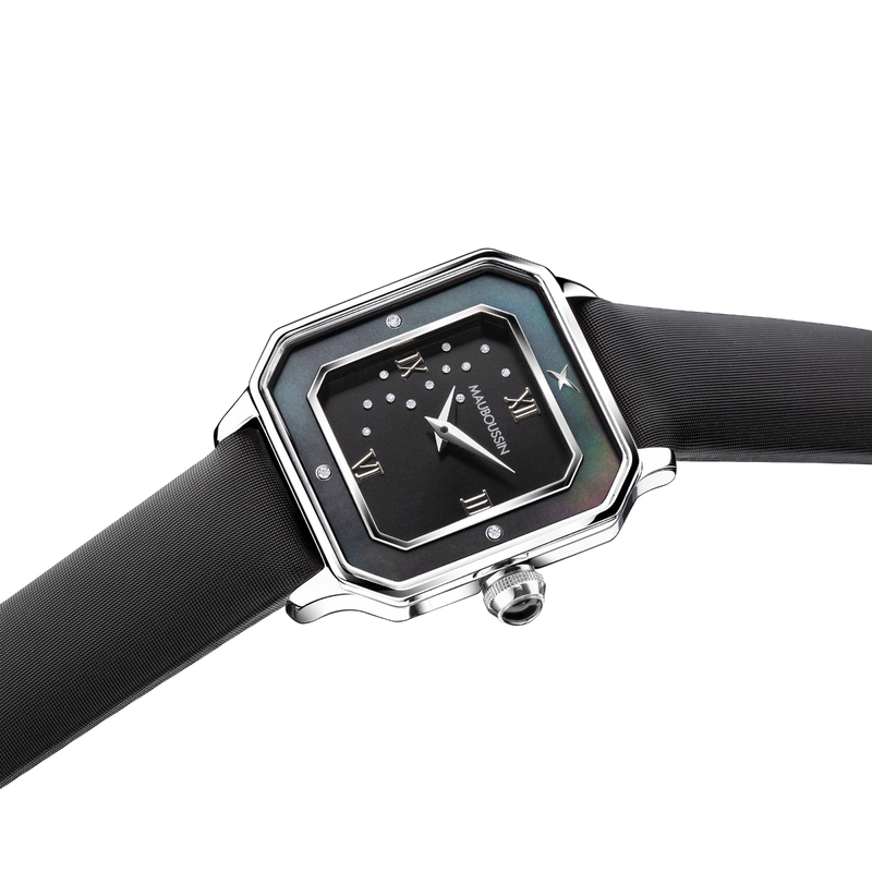 MONTRE JE T'ADORE JOUR ET NUIT, CUIR, CARRÉE NOIRE Cuir, diamants et nacre MAUBOUSSIN