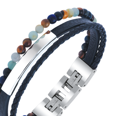 Bracelet YALE Acier et cuir plat 5mm tressé 3mm, perles ROCHET