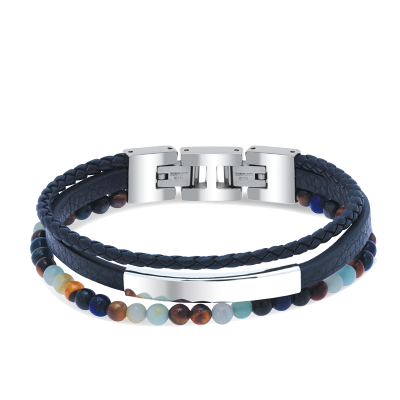 Bracelet YALE Acier et cuir plat 5mm tressé 3mm, perles ROCHET