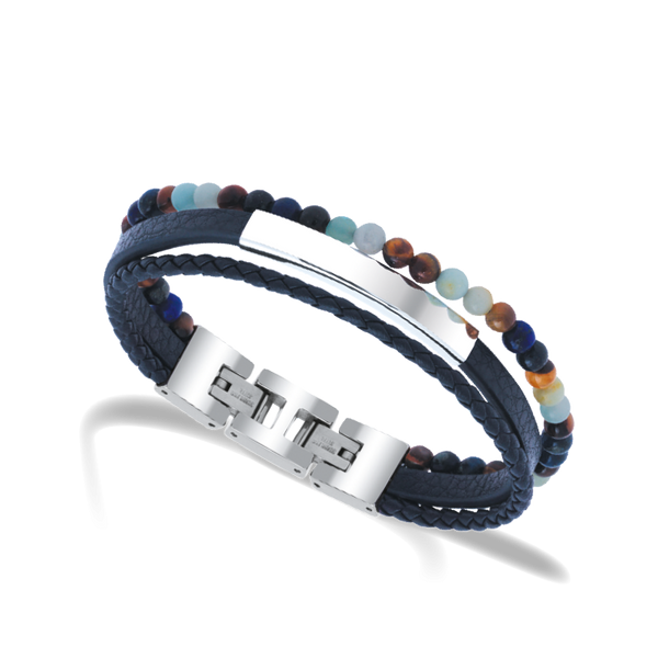 Bracelet YALE Acier et cuir plat 5mm tressé 3mm, perles ROCHET