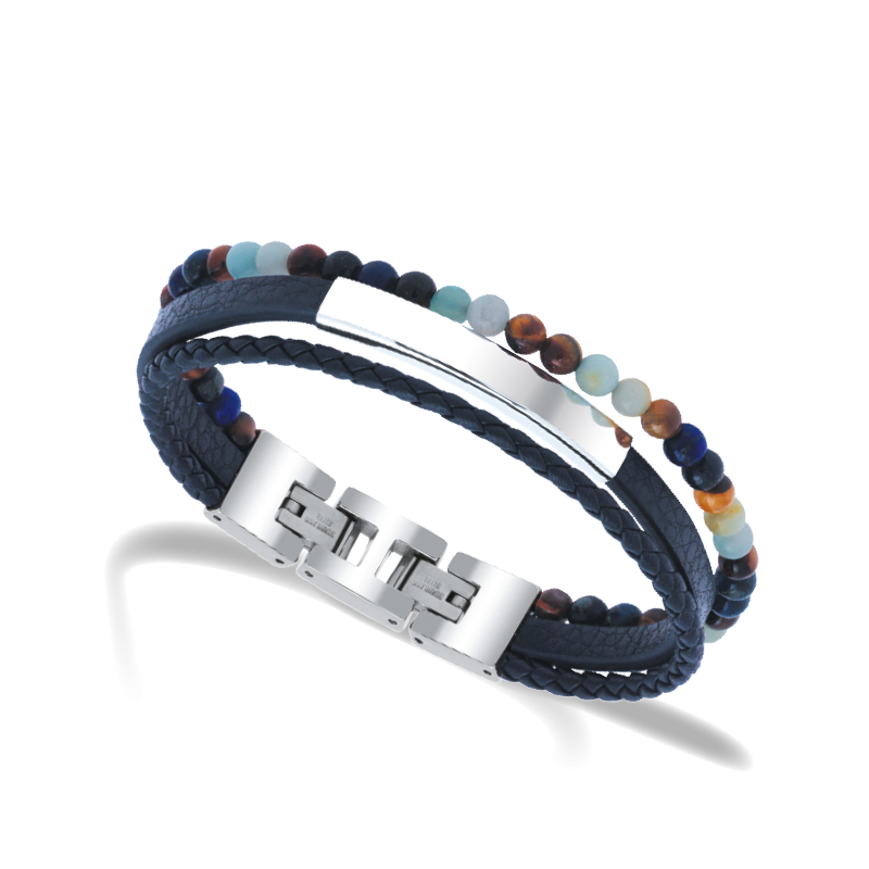 Bracelet YALE Acier et cuir plat 5mm tressé 3mm, perles ROCHET